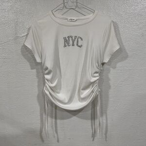 Molly & Rose White Ribbed NYC Rhinestone Ruched Side Drawstring Crop Top S